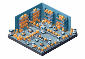 Obraz premium Isometric warehouse interior with automated robotic systems, conveyor belts, and shelving units for logistics and supply chain management