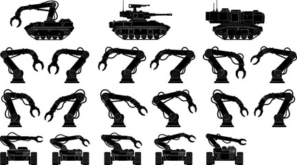 Robotic and mechanical devices icon set, tracked vehicles, robotic arms, mobile platforms, industrial automation technology, military robotics, black silhouette vector graphics © MSTESMOTARA
