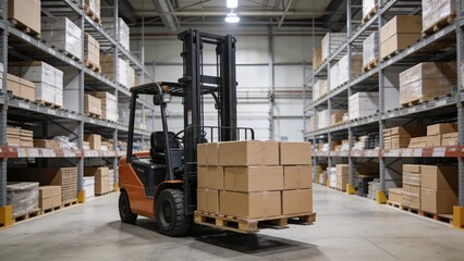 Industrial Forklift Carrying Stacked Cardboard Boxes in Modern Warehouse