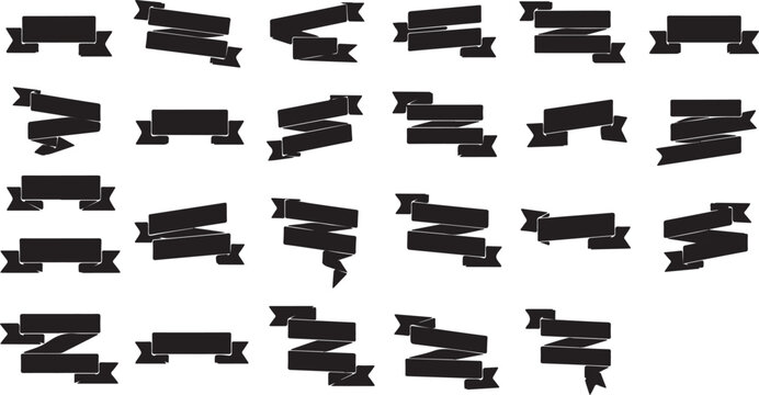 Set of 25 black ribbon banners and labels, various styles for text, titles, and decorative elements