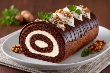 Chocolate swiss roll cake with cream and walnuts