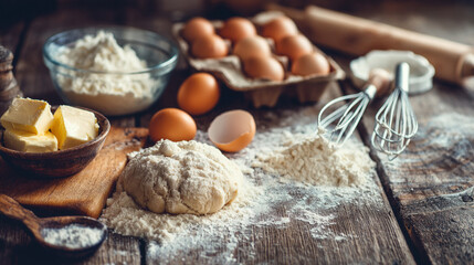 Fototapeta premium A wooden table with baking ingredients including eggs and flour