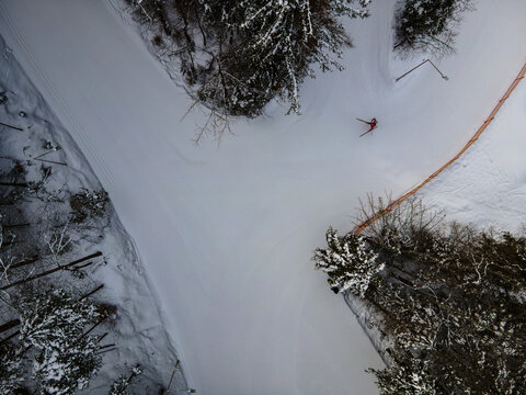 Aerial view of a lone skier gliding down a snow-covered slope amidst the frosted trees of the Tatra Mountains, Zakopane, Wojewodztwo malopolskie, Poland.