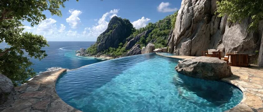Infinity Pool Paradise: An exquisite infinity pool merges seamlessly with the boundless ocean, nestled between towering cliffs and lush foliage, creating an oasis of tranquility. 