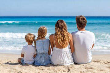 Family enjoying summer vacation sitting on beach looking at sea