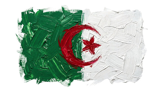 Painted Algerian Flag with Textured Brushstrokes and Vibrant Colors.