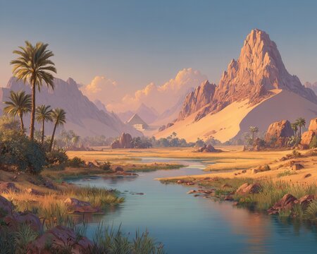 Paisaje des&eacute;rtico con un r&iacute;o azul fluyendo entre palmeras y dunas de arena bajo monta&ntilde;as majestuosas y una pir&aacute;mide antigua al atardecer.
