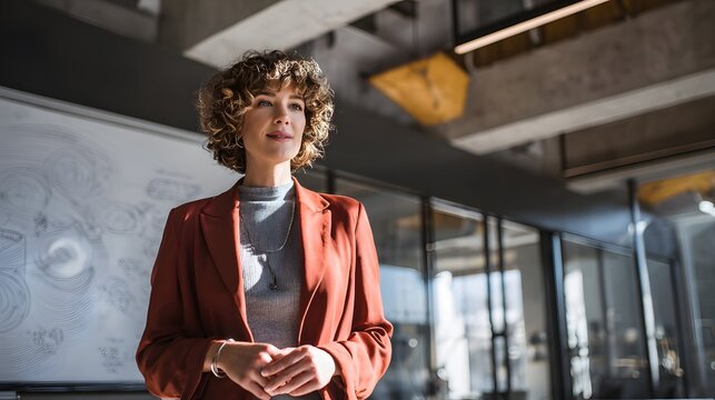 Female professional presenting a business plan in an office setting, confidence, modern design, cinematic light