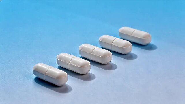 White capsules on blue surface