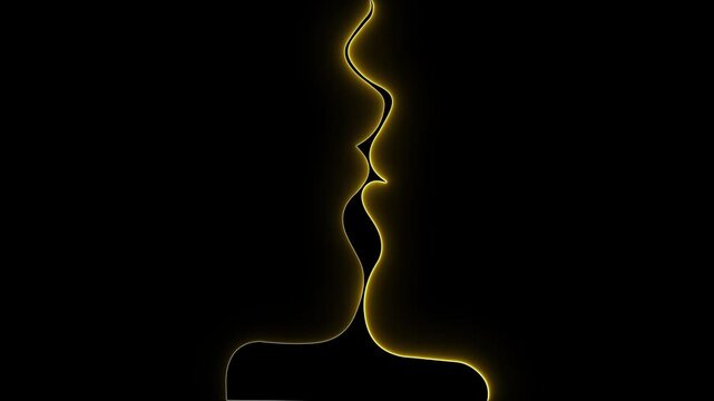 Romantic kiss. Golden glow. Couple silhouette. Minimalist love. Abstract outline. Intimacy art. Glowing lines. Emotional design. Dark background. Modern romance.