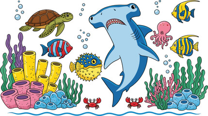 Underwater sea animals vector illustration with shark, turtle, fish, octopus, coral reef, and crabs, colorful cartoon ocean life scene isolated on white © Mostafijur