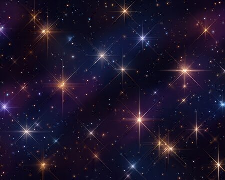 Fondo de cielo nocturno con multitud de estrellas brillantes de colores azul y dorado en el espacio profundo y oscuro del cosmos infinito.