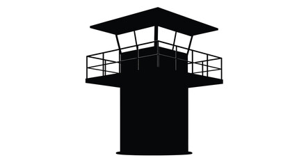 A stark black watchtower stands isolated against a white background presenting a powerful minimalist silhouette high quality professional detailed © RMvectors02