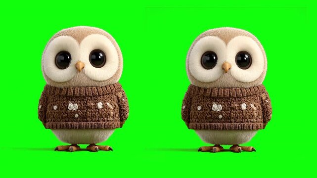 Cute owl 3d character in sweater, chibi style, isolated on green screen background