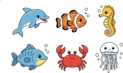 Vector illustration of six cartoon sea creatures including dolphin, clownfish, seahorse, crab, jellyfish, and fish for marine life design © Rayhan