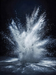 Dramatic white powder explosion captured mid-air with dynamic particles scattering against a dark background in a high-speed photography shot