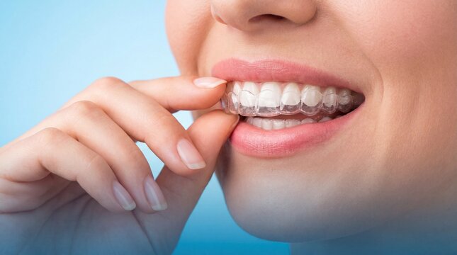 Close up of a smiling woman putting a clear invisible plastic aligner on her white teeth, modern orthodontic treatment, perfect smile concept.