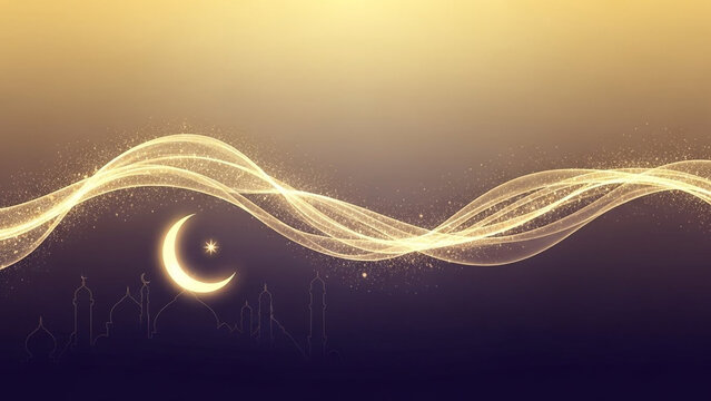 Golden waves flowing over a cityscape under a crescent moon at dusk 91 BR2 scene