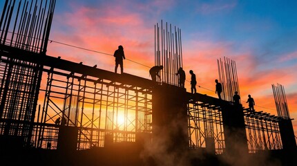 Construction workers building a new structure at sunset with a beautiful sky