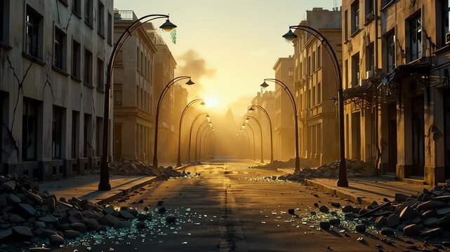 End of world atmosphere with devastated town structures and debris scattered roads after missile explosion, political unrest and destruction theme