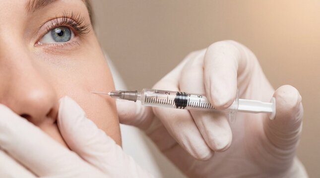 Close up of a woman's face receiving a cosmetic filler injection with a syringe from gloved hands, facial aesthetic treatment, dermatology clinic procedure