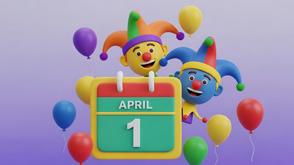 Colorful clown jester characters celebrating April Fools Day with balloons and date sign on purple background