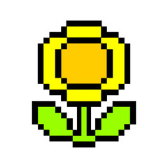 Fototapeta premium 8-bit pixel art illustration of a sun flower with green leaves, centered and isolated on a white background. The design features bold black outlines and vibrant flat colors, inspired by retro arcad