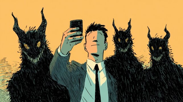 Man takes selfie with dark figures in the background during a strange event