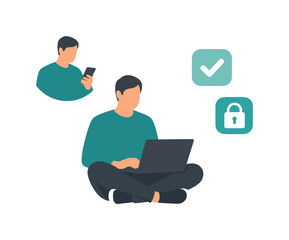 Man working on laptop with security and verification icons, person using smartphone in background