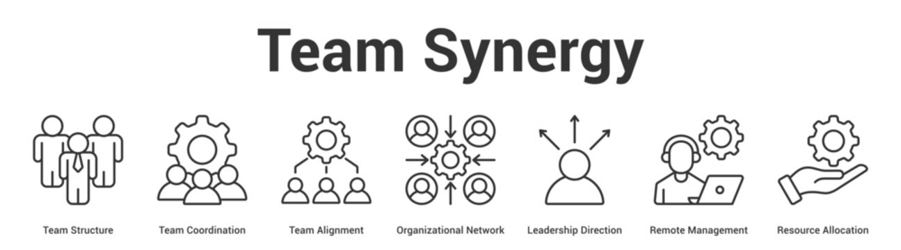 Team Synergy web banner icon set vector illustration concept for business with icon of Team Structure, Team Coordination, Team Alignment, Organizational Network, Leadership Direction, Remote Manageme.