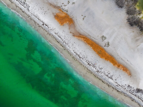 Aerial view of the vivid green sea meeting the white sands, with a streak of orange algae creating a striking contrast, Dunedin, Florida, United States.