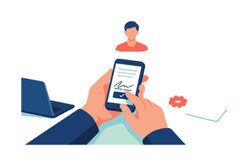 Close-up hands holding a smartphone for contract signing process, portrait bubble above, laptop corner visible, small gear and