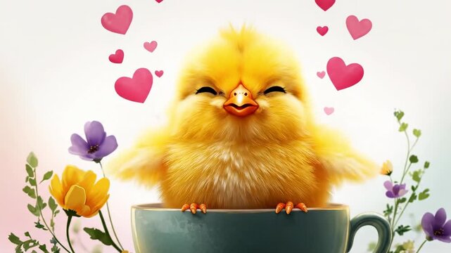 Little yellow chick looking, waving, and smiling cutely from a teacup with hearts and flowers for spring and Easter holiday.