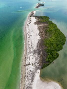 Aerial view of a sliver of white sand beach, edged with vibrant green vegetation, meets the turquoise waters, Dunedin, Florida, United States.