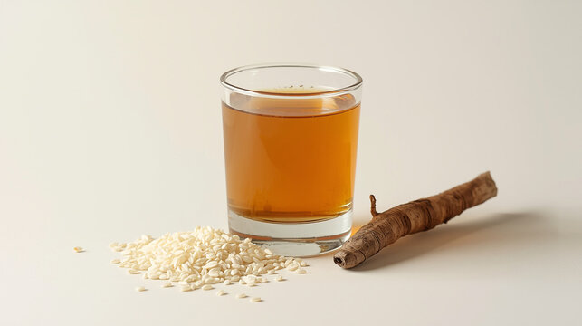 jamu beras kencur in transparent glass with rice grains and kencur root