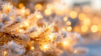Naklejka premium Holiday lights shine on frosty branches during winter season