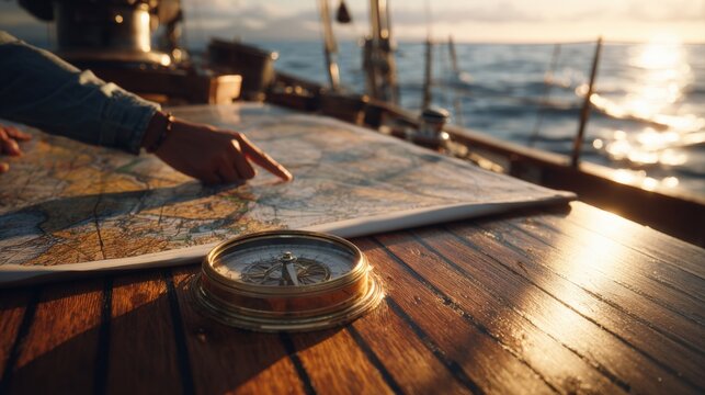 Nautical Navigation Concept with Vintage Compass and Map on Wooden Sailboat Deck at Sunset, Travelers Hand Pointing at Chart During Sea Voyage for Adventure, Maritime Exploration and Yachting Luxury