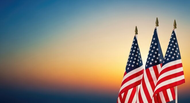 American flags waving at sunset patriotic scene with usa flags