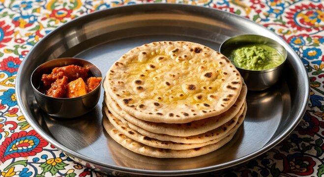 Authentic Punjabi Breakfast with Stack of Hot Buttered Parathas, Pickle, and Green Chutney