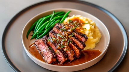 Sliced ​​steak with mashed potatoes and green beans