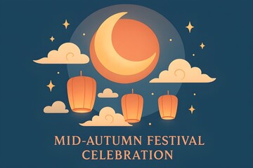Mid-Autumn Festival Celebration with Moon and Lanterns Illustration