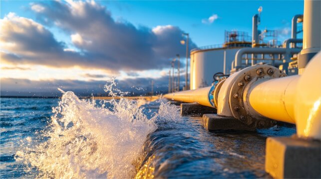 Large Water Desalination Plant at Sunset with Waves and Industrial Equipment