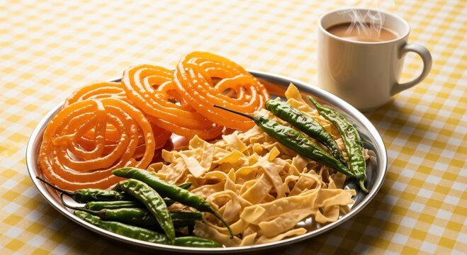 Traditional Gujarati Festive Breakfast Jalebi Fafda with Green Chilies and Hot Tea