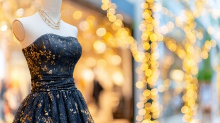 Obraz premium Dress on display in a shop with lights at a busy shopping area in the evening