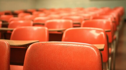Fototapeta premium Classroom with empty red chairs arranged in rows for learning activities