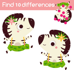 Fototapeta premium Find the differences educational children game with answer. Kids activity with cute zebra