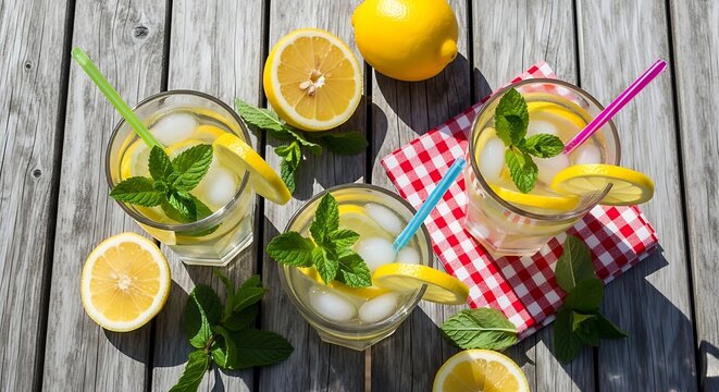 Refreshing summer drinks with lemon and mint on a wooden table