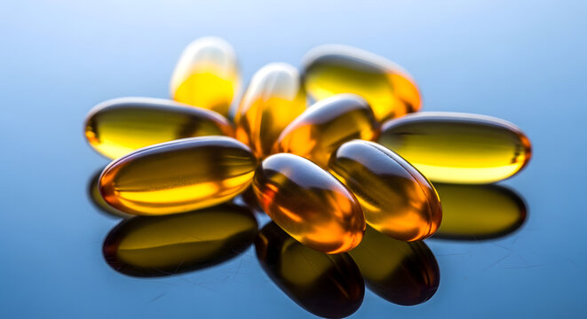 fish oil capsules rich source of omega-3 fatty acids, which are essential nutrients for health on reflective surface