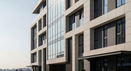 Fototapeta premium Architecture, building and modern design for residential complex exterior, showcasing contemporary urban living with glass facade reflecting sunlight in a bright daytime setting. Construction