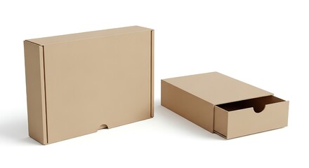Two brown cardboard boxes on white background one open and one closed for storage or shipping purposes